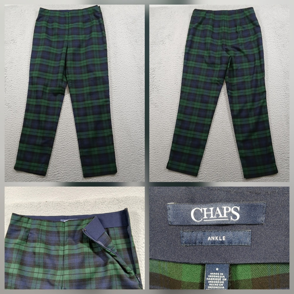 CHAPS Black Watch Plaid Ankle Pants Women's 8 Green Blue Tartan Side‎ Zip EUC